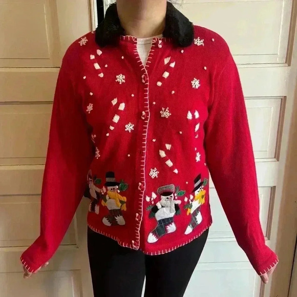 VTG Victoria Jones Christmas Sweater Large Red Button Up Cardigan Snowman - Picture 1 of 11